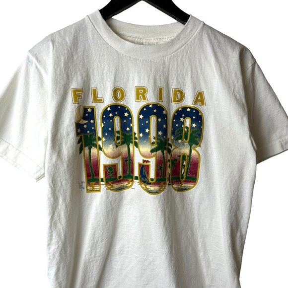 Vintage Tops - 1998 Vintage 90s Florida T Shirt White Medium M USA Beach Graphic Tee Solid Logo